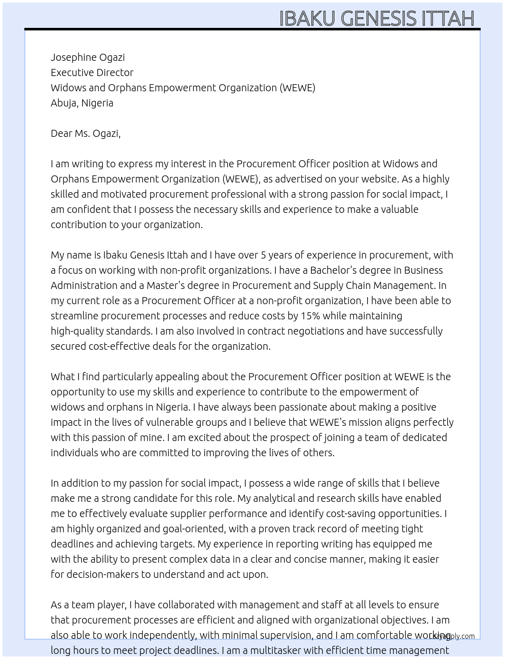 Procurement Officer At Widows and Orphans Empowerment Organization (WEWE) Cover Letter
