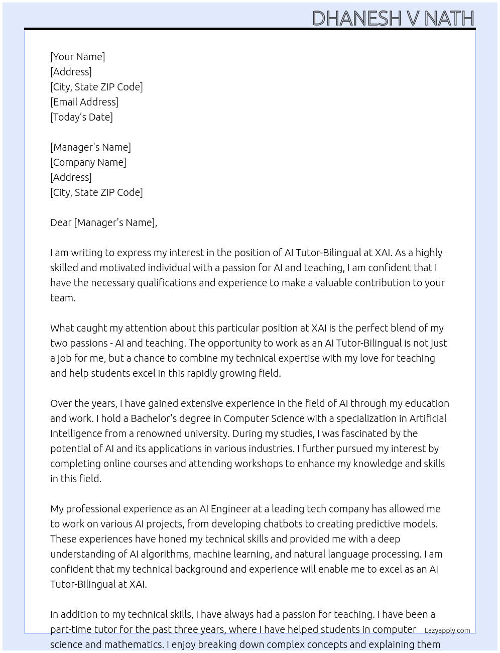 Cover letter for ai tutor-bilingual - LazyApply