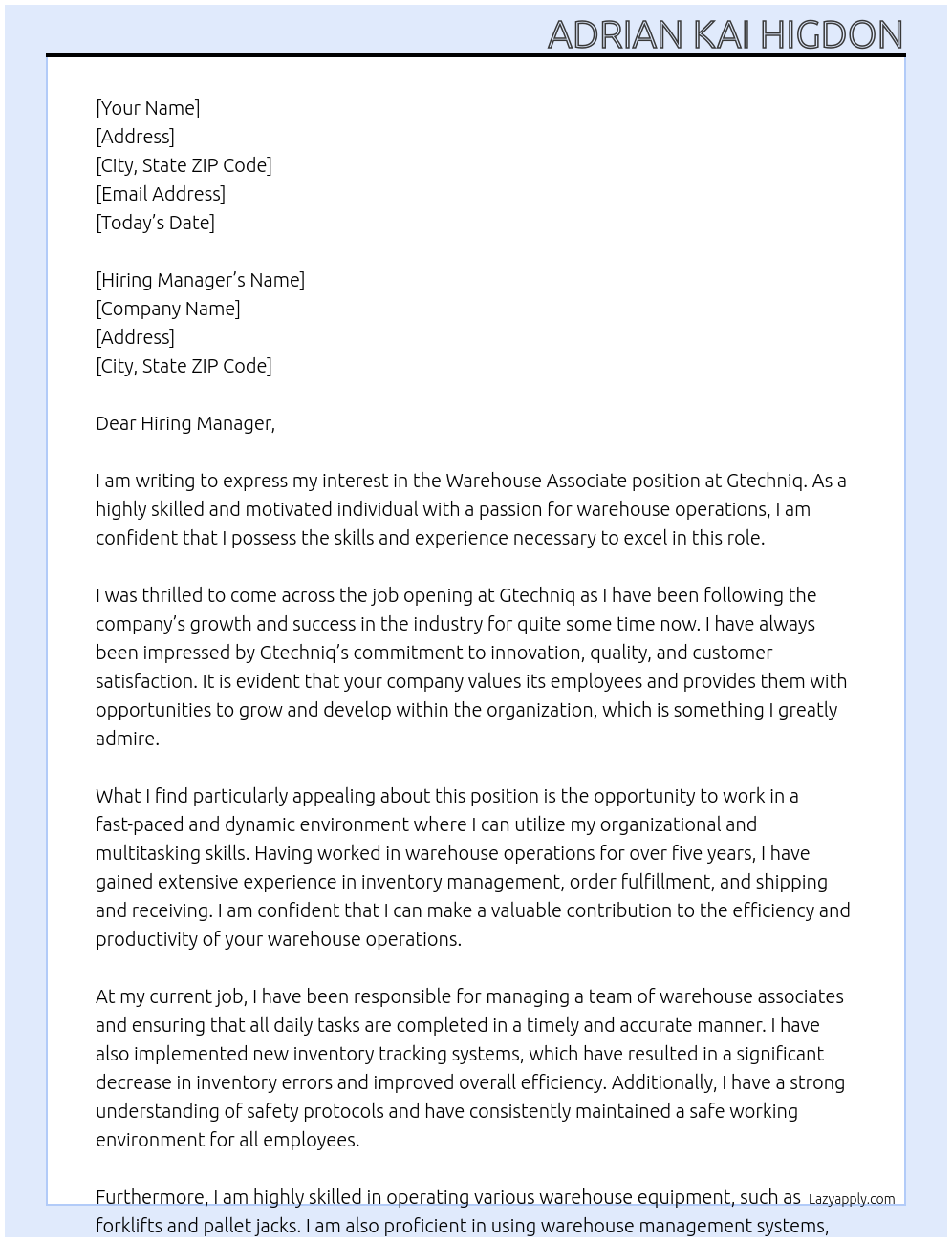 Warehouse Associate At Gtechniq Cover Letter