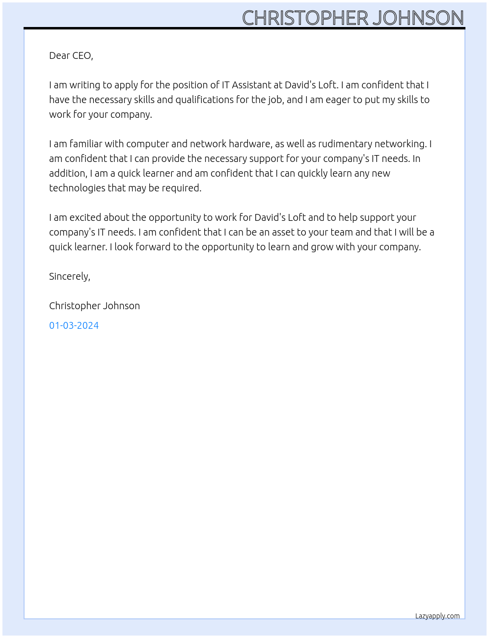 IT Assistant At David's Loft Cover Letter