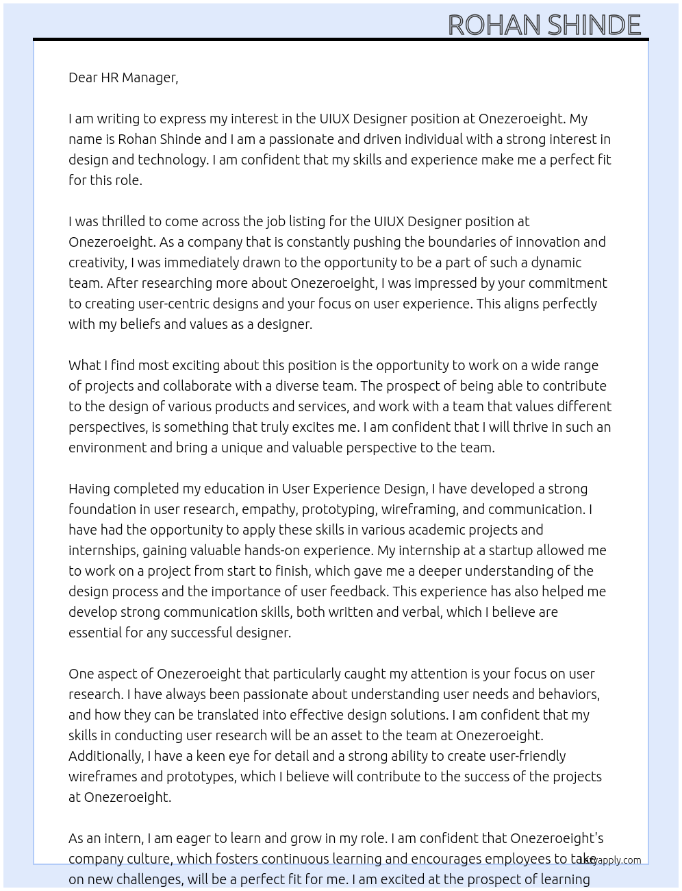 UIUX designer At Onezeroeight Cover Letter