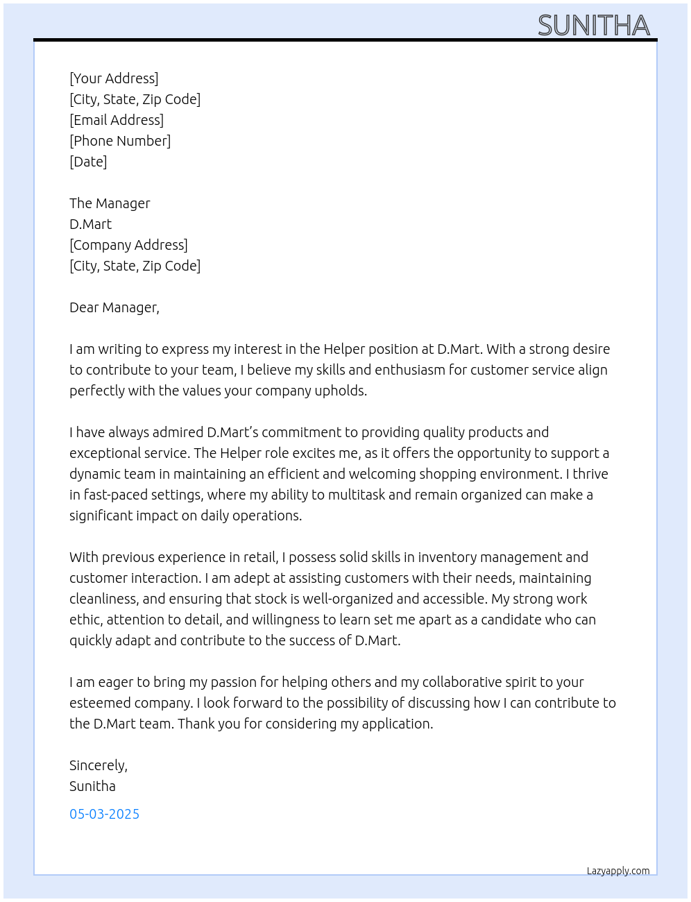 Helper At D.mart Cover Letter