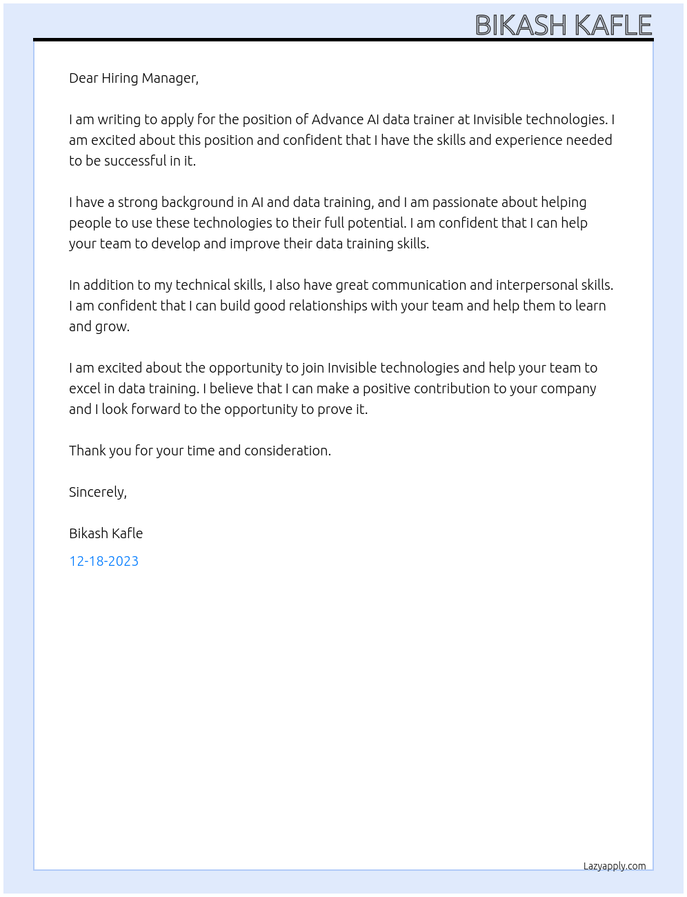 Advance AI data trainer At Invisible technologies Cover Letter