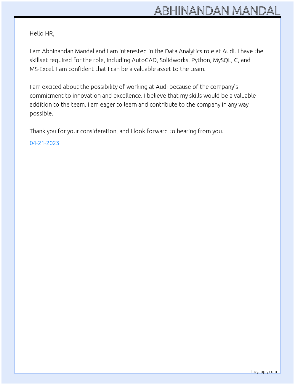 Data Analytics  At Audi Cover Letter