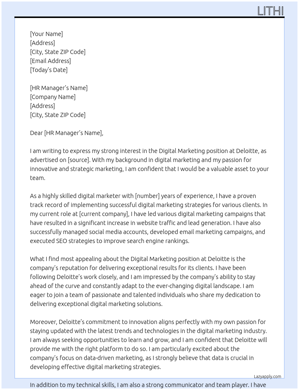 Digital Marketing At Deloitte Cover Letter