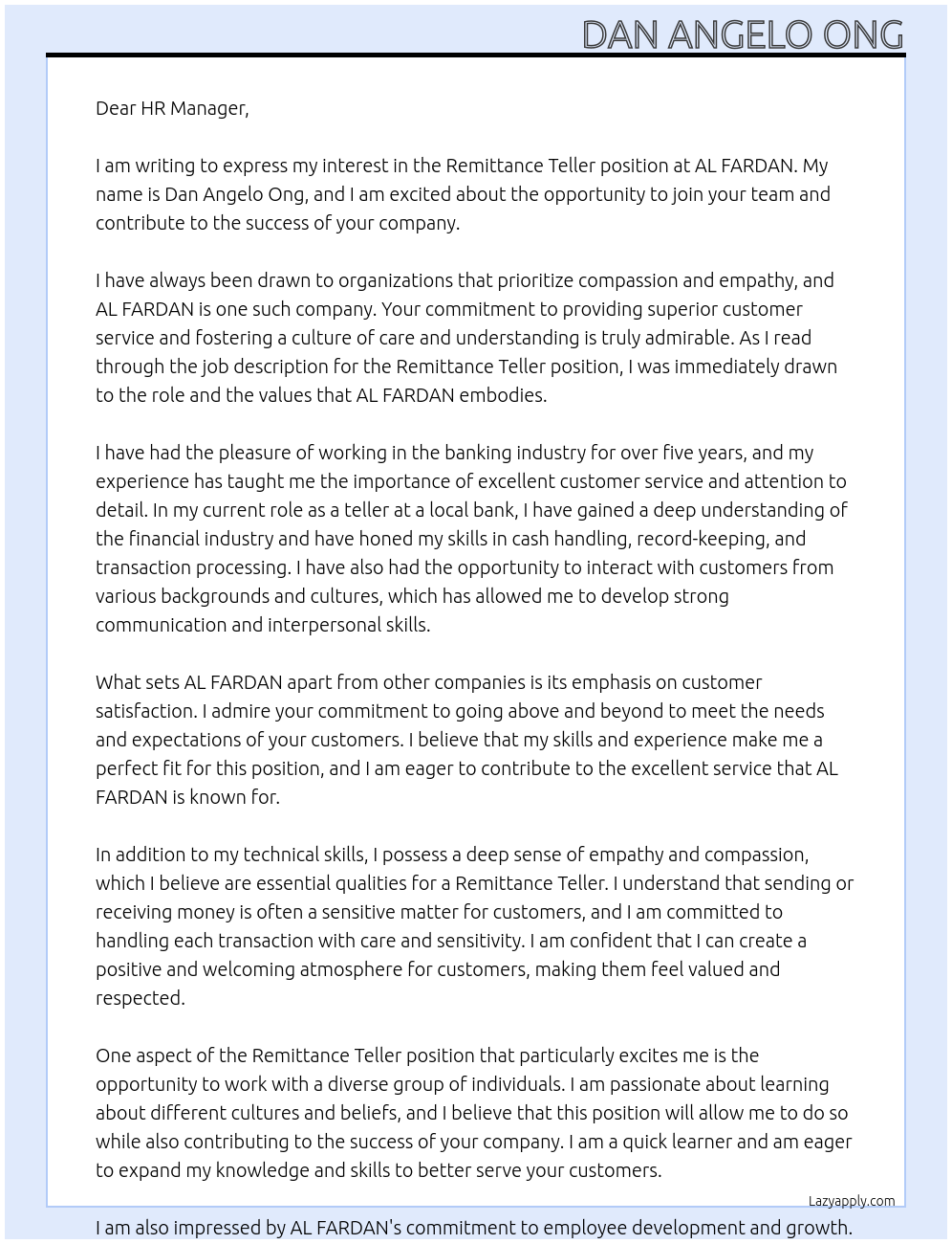 Remittance Teller At AL FARDAN Cover Letter