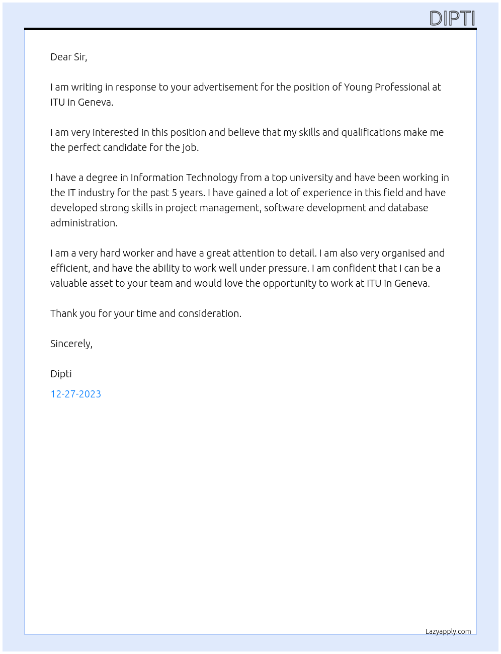 Young Professional At ITU Cover Letter