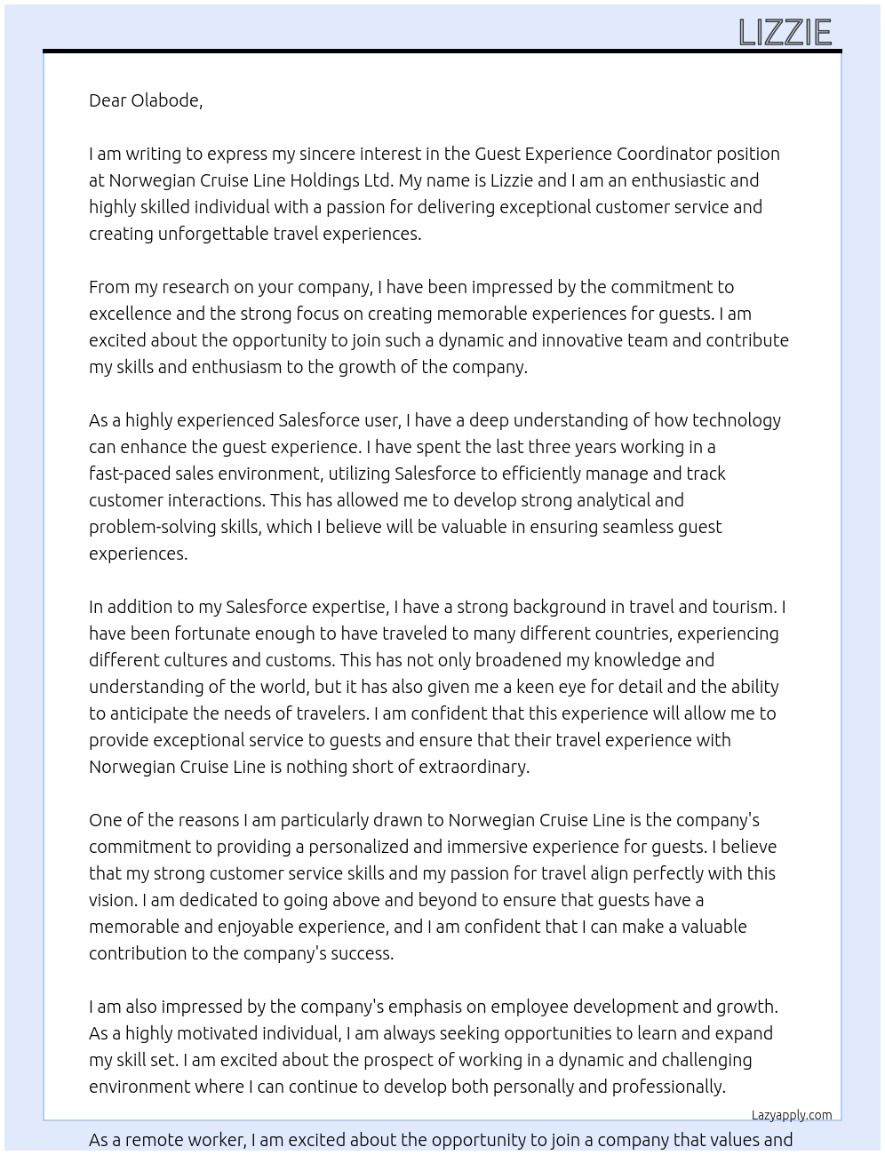 Guest Experience Coordinator At Norwegian Cruise alone Holdings ltd Cover Letter