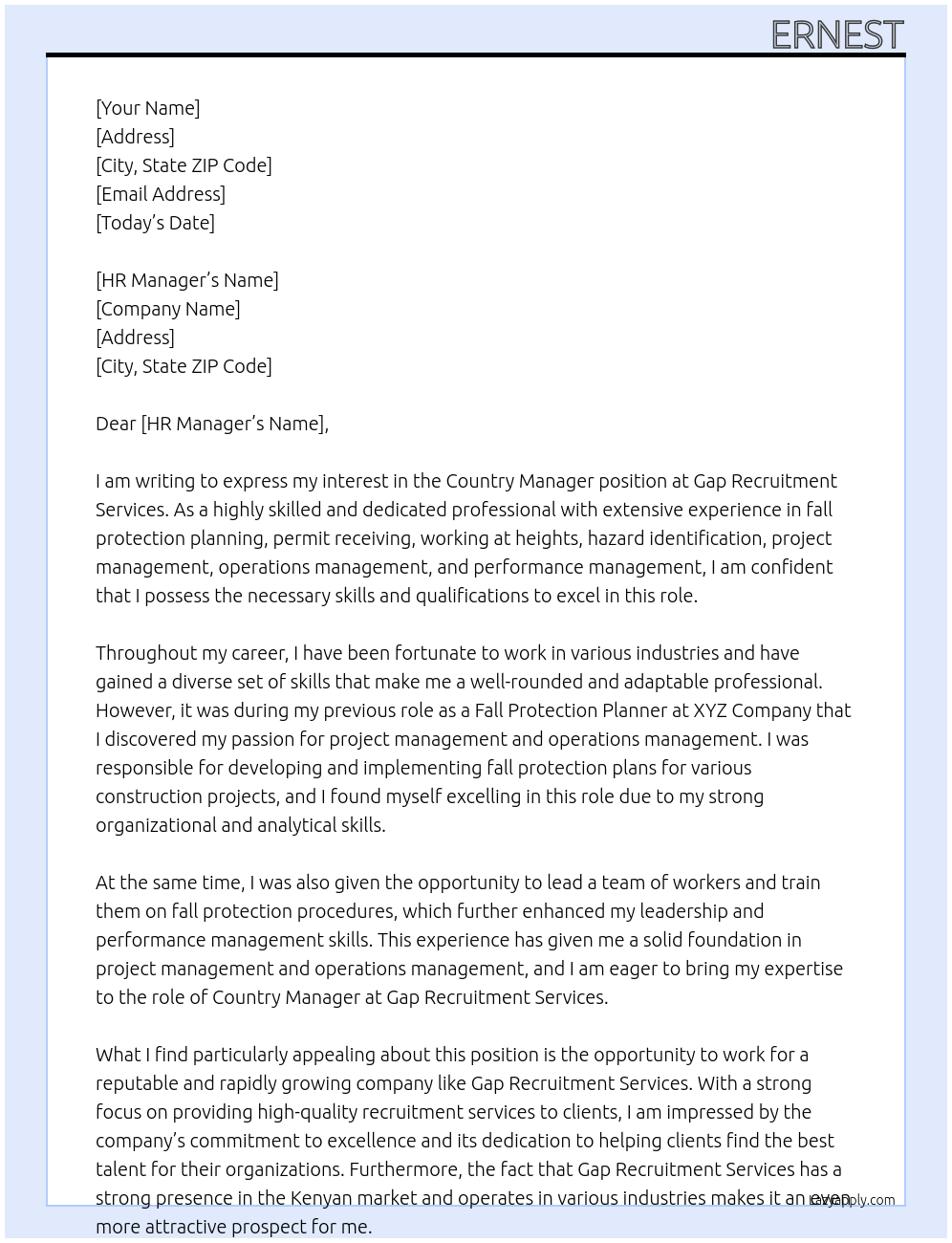 Country manager At  Gap recruitment services Cover Letter