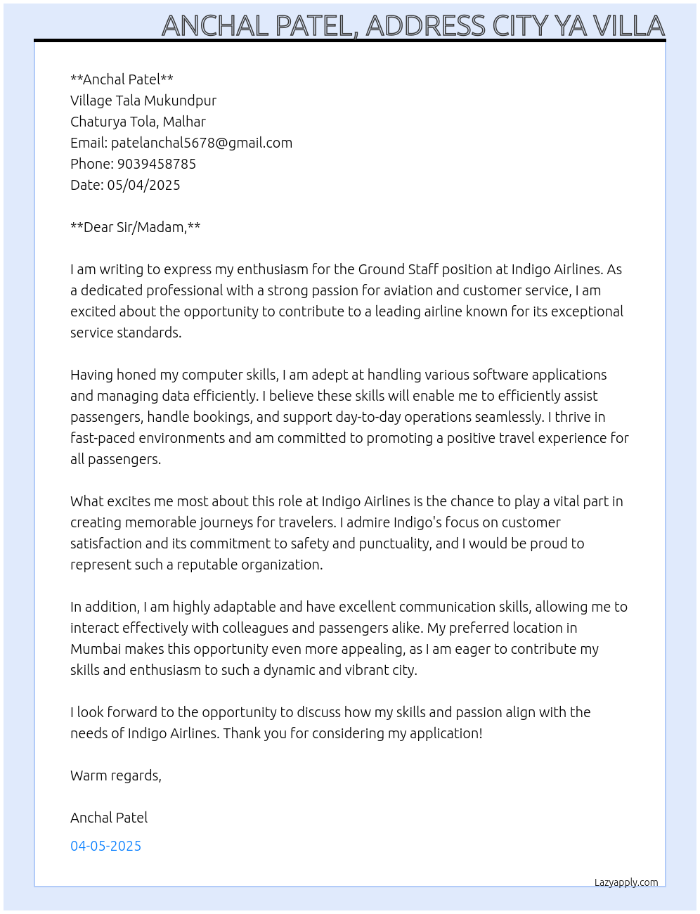 Cover letter for indigo airlines ground staff - LazyApply