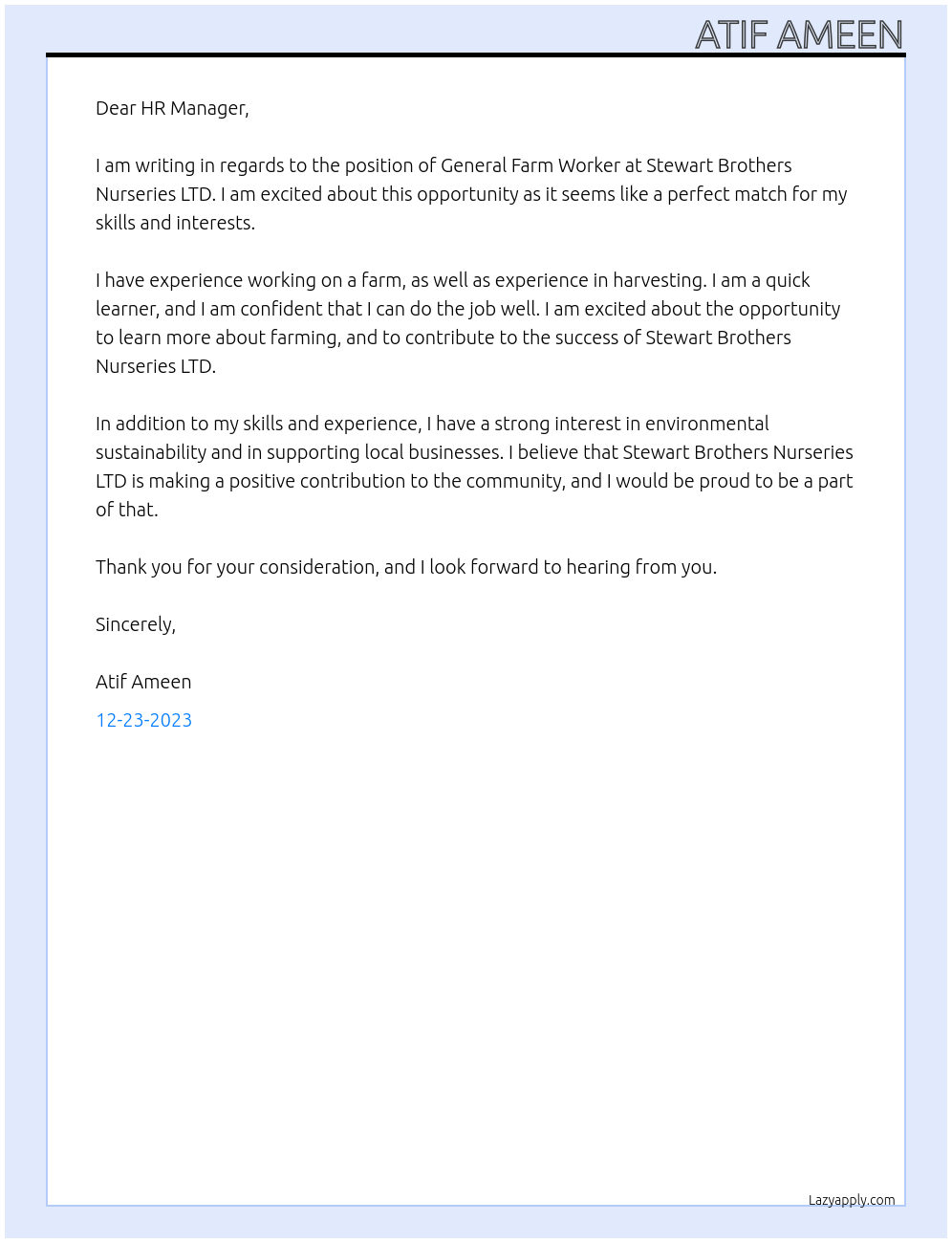 General farm worker At Stewart Brothers Nurseries LTD Cover Letter