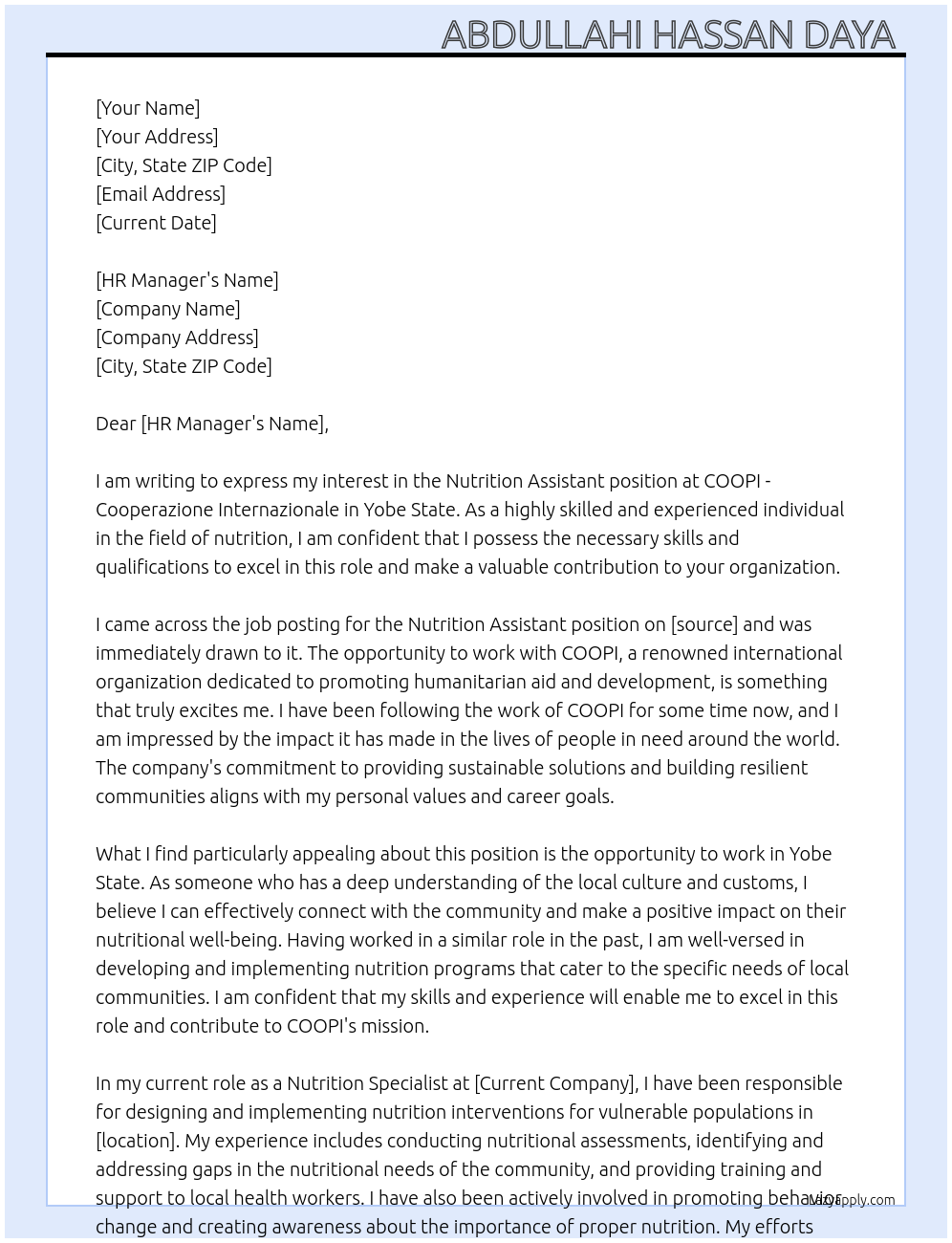 Nutrition Assistant  At COOPI - Cooperazione Internazionale Cover Letter