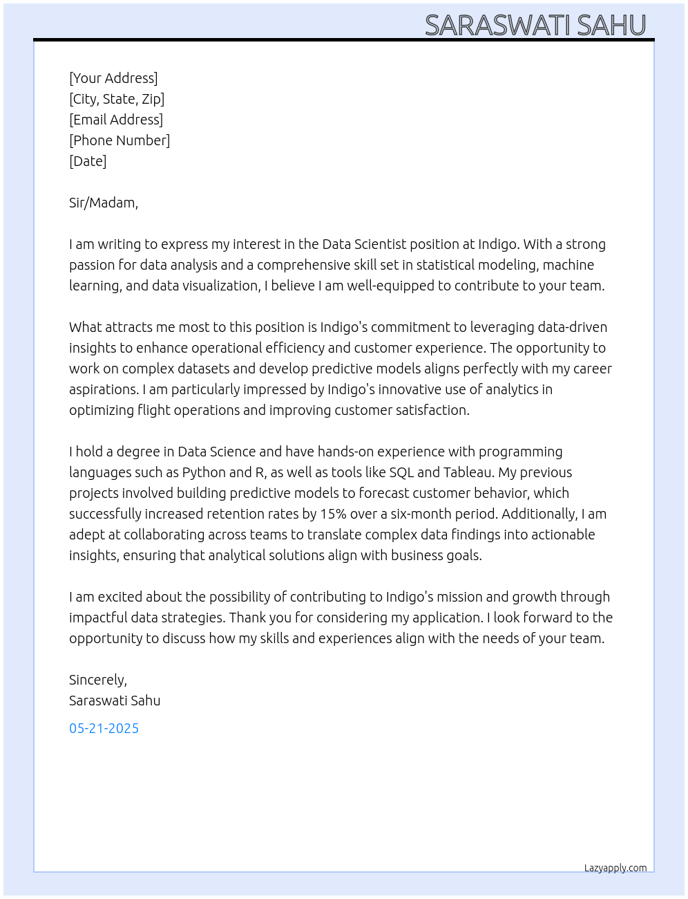 Data scientist At Indigo Cover Letter