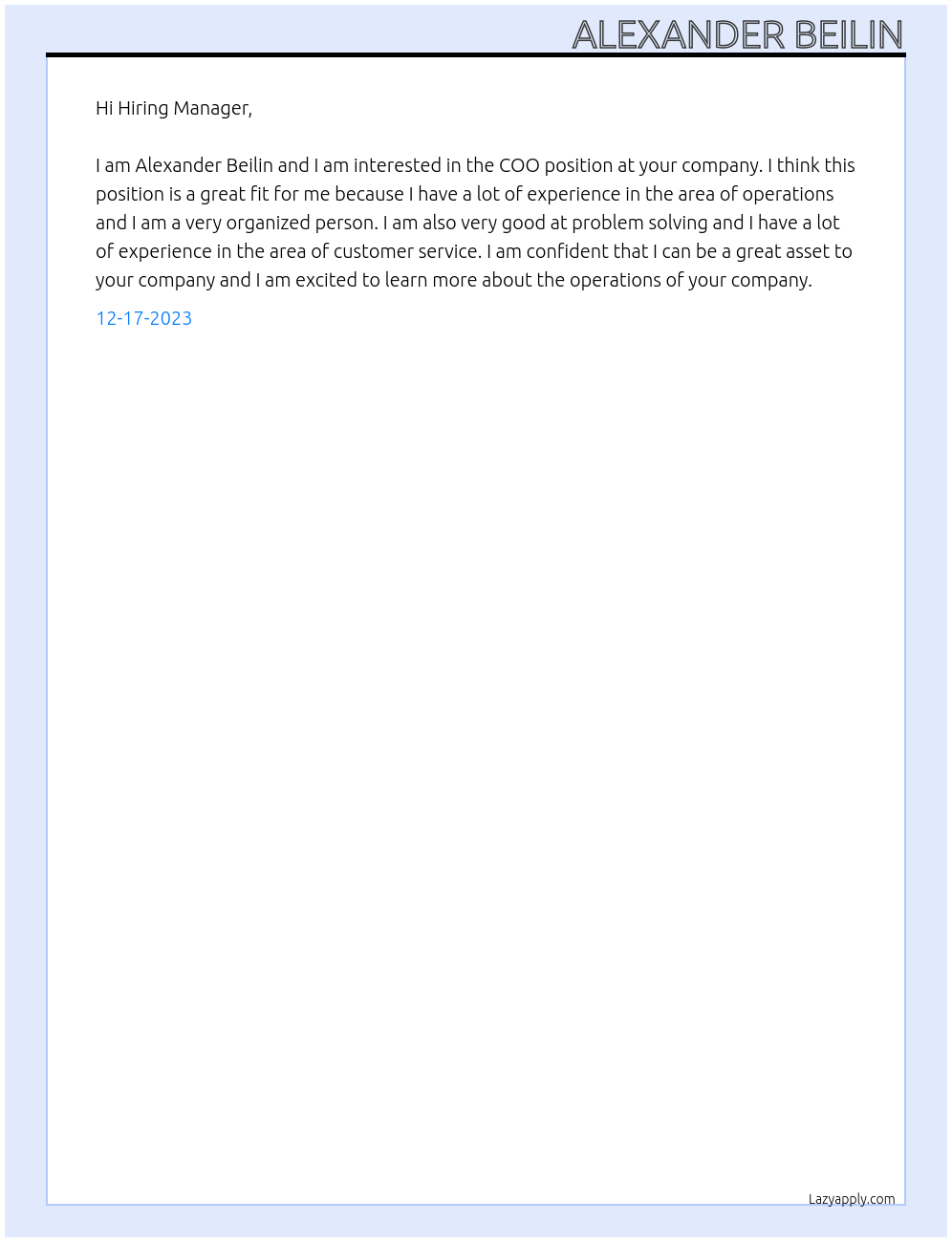 COO At your company Cover Letter