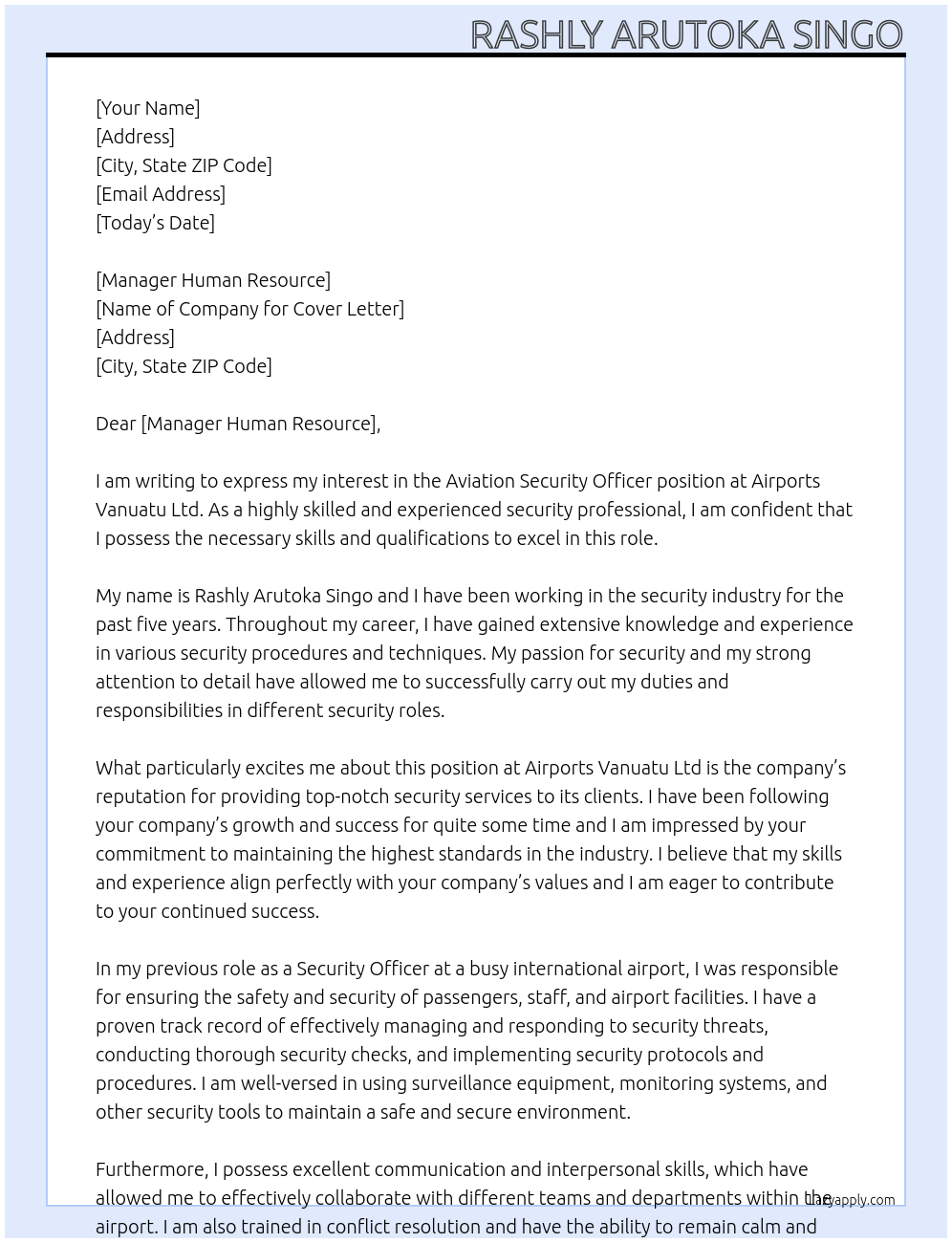 Aviation Security Officer At Airports Vanuatu Ltd Cover Letter