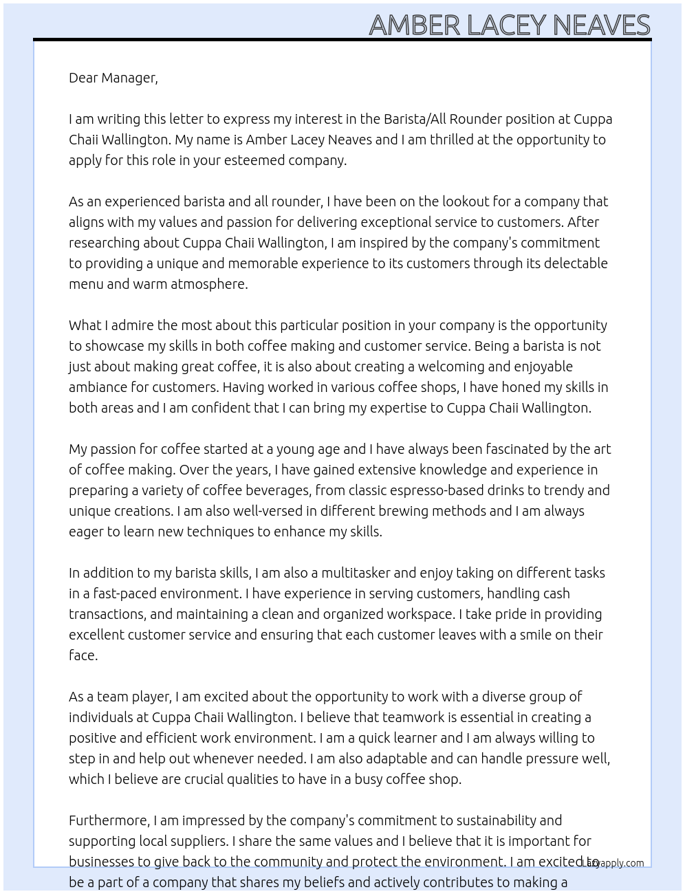 Barista/All Rounder At Cuppa Chaii Wallington - Wallington SM6 8QG Cover Letter