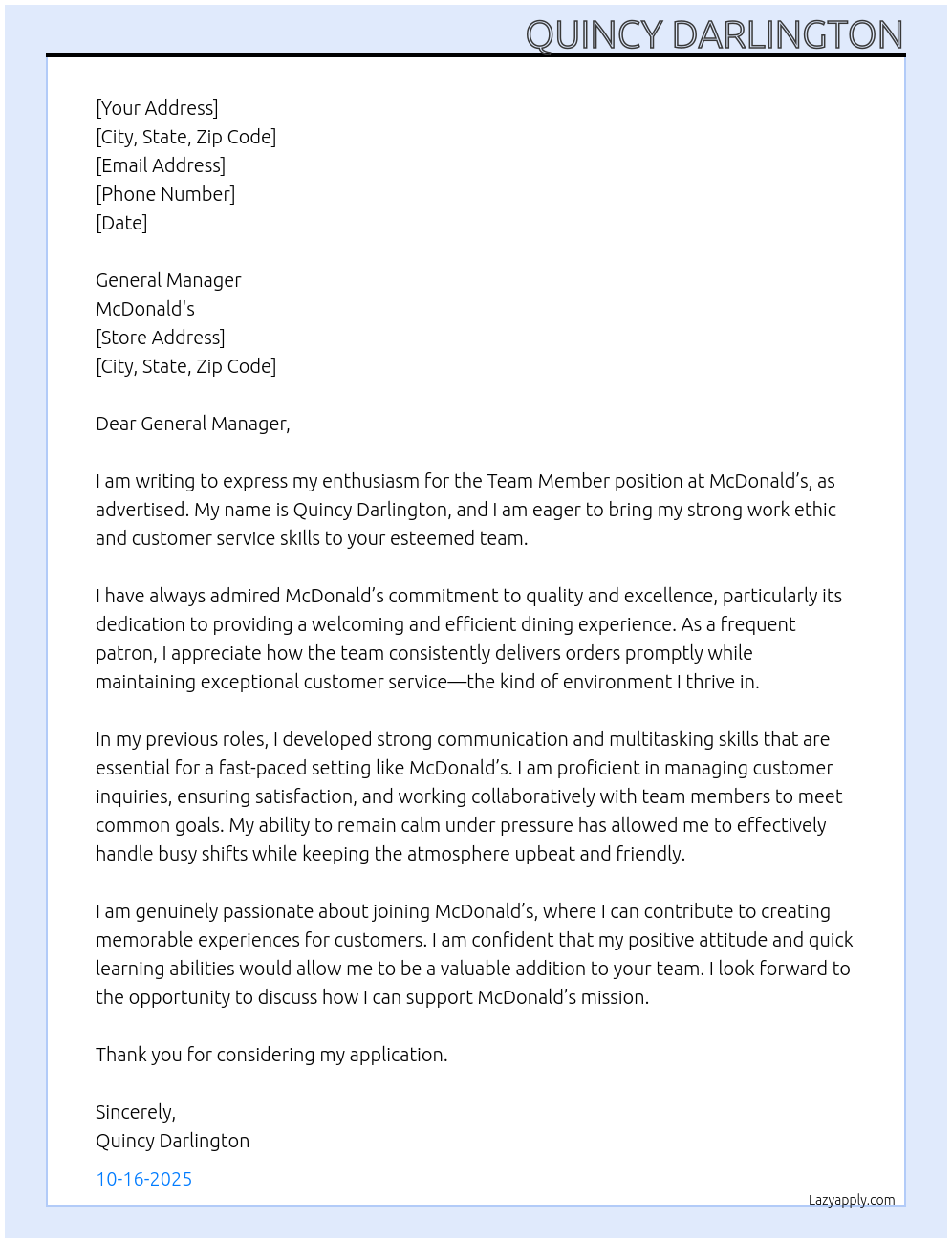 Team Member At Mcdonalds Cover Letter