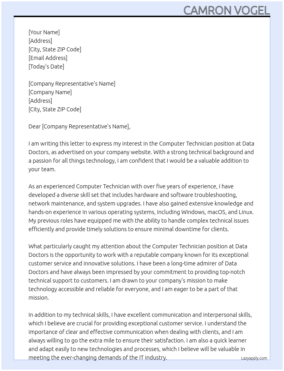 Computer Technician At Data Doctors Cover Letter