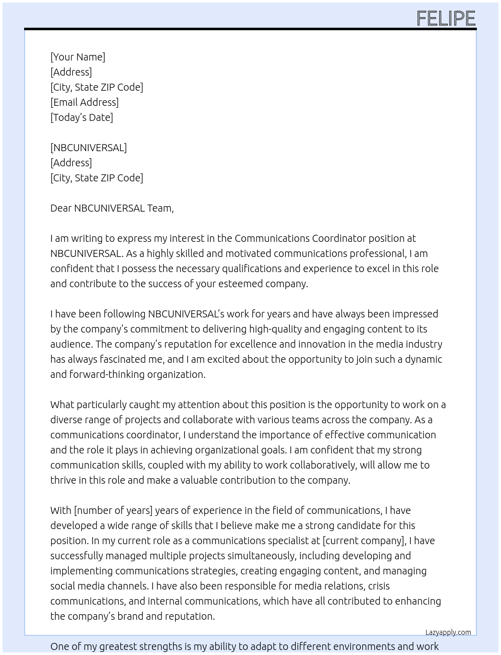 Communications Coordinator At NBCUNIVERSAL Cover Letter
