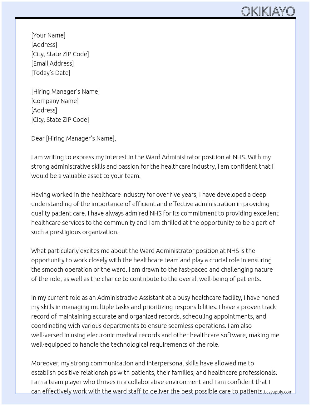 ward administrator  At NHS Cover Letter