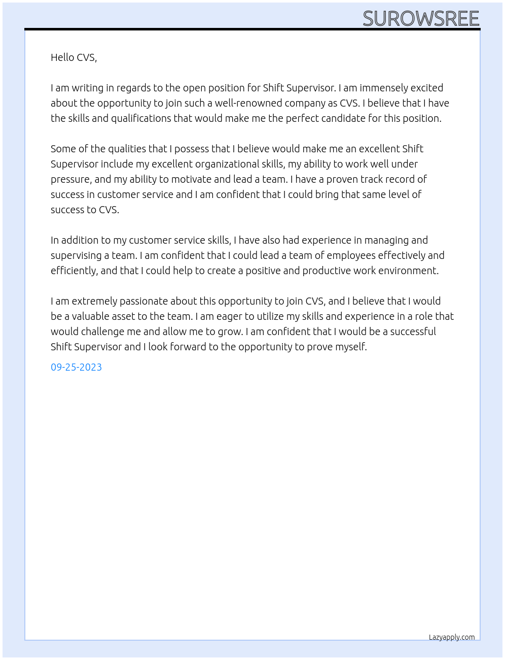 Shift Supervisor At CVS Cover Letter