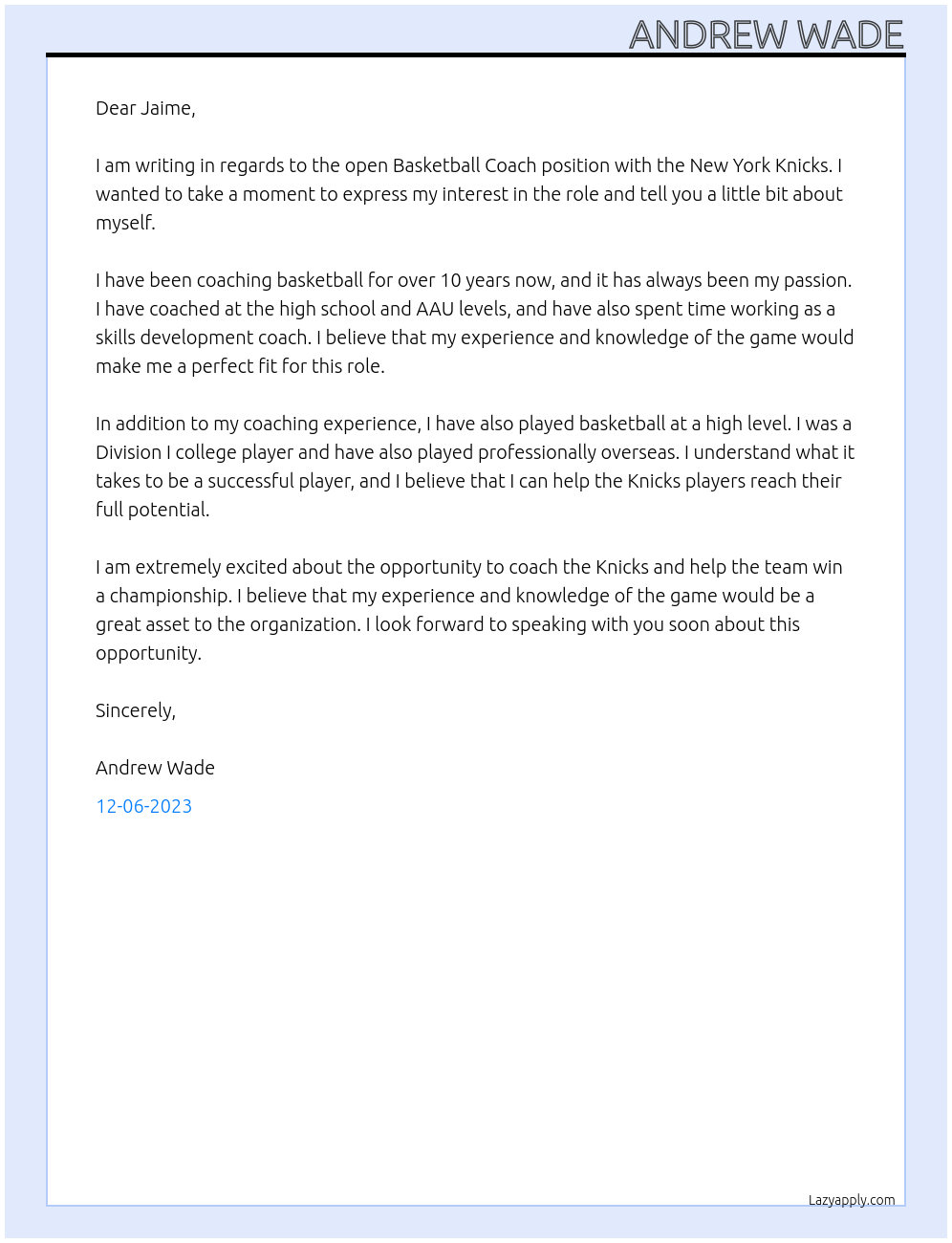 Basketball Coach At New York Knicks Cover Letter