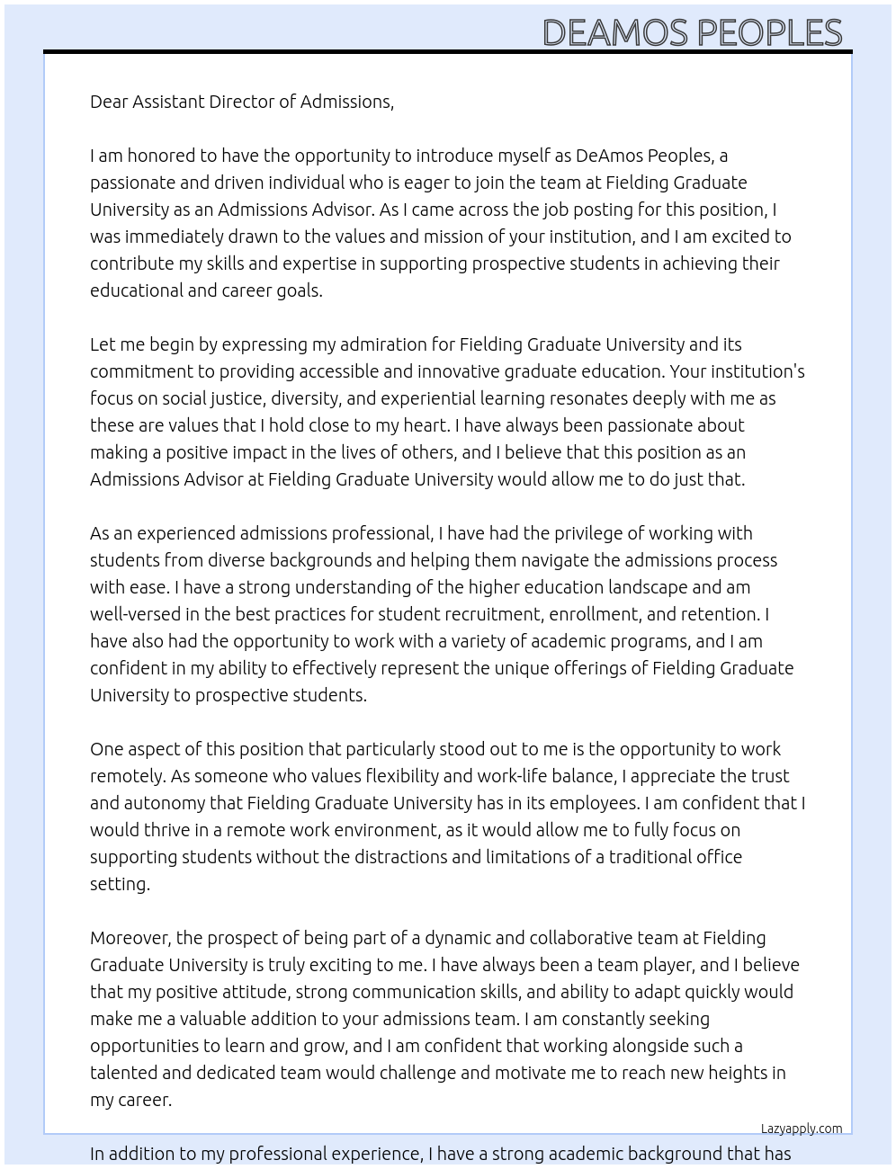 Admissions Advisor At Fielding Graduate University Cover Letter