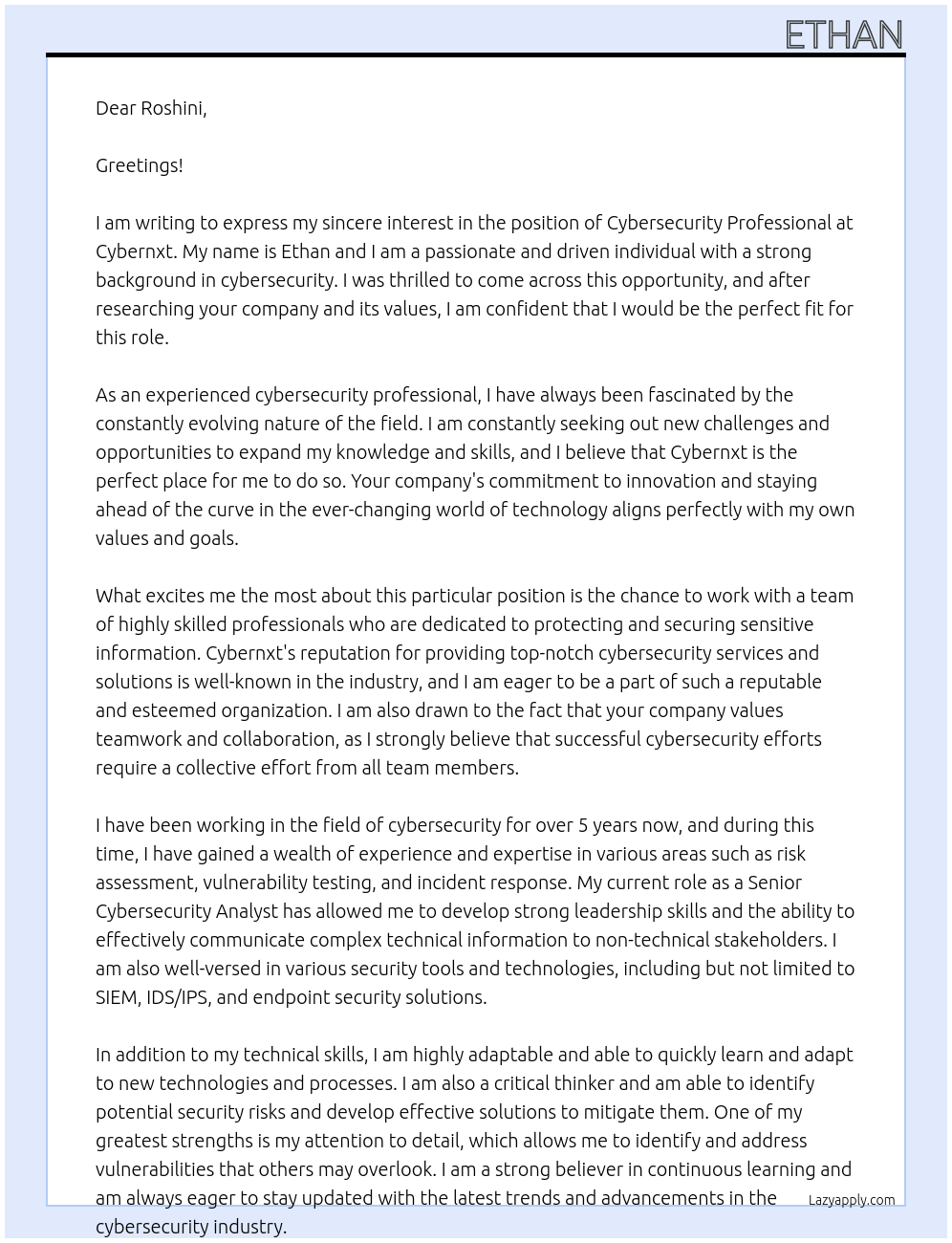 cybersecurity At cybernxt Cover Letter