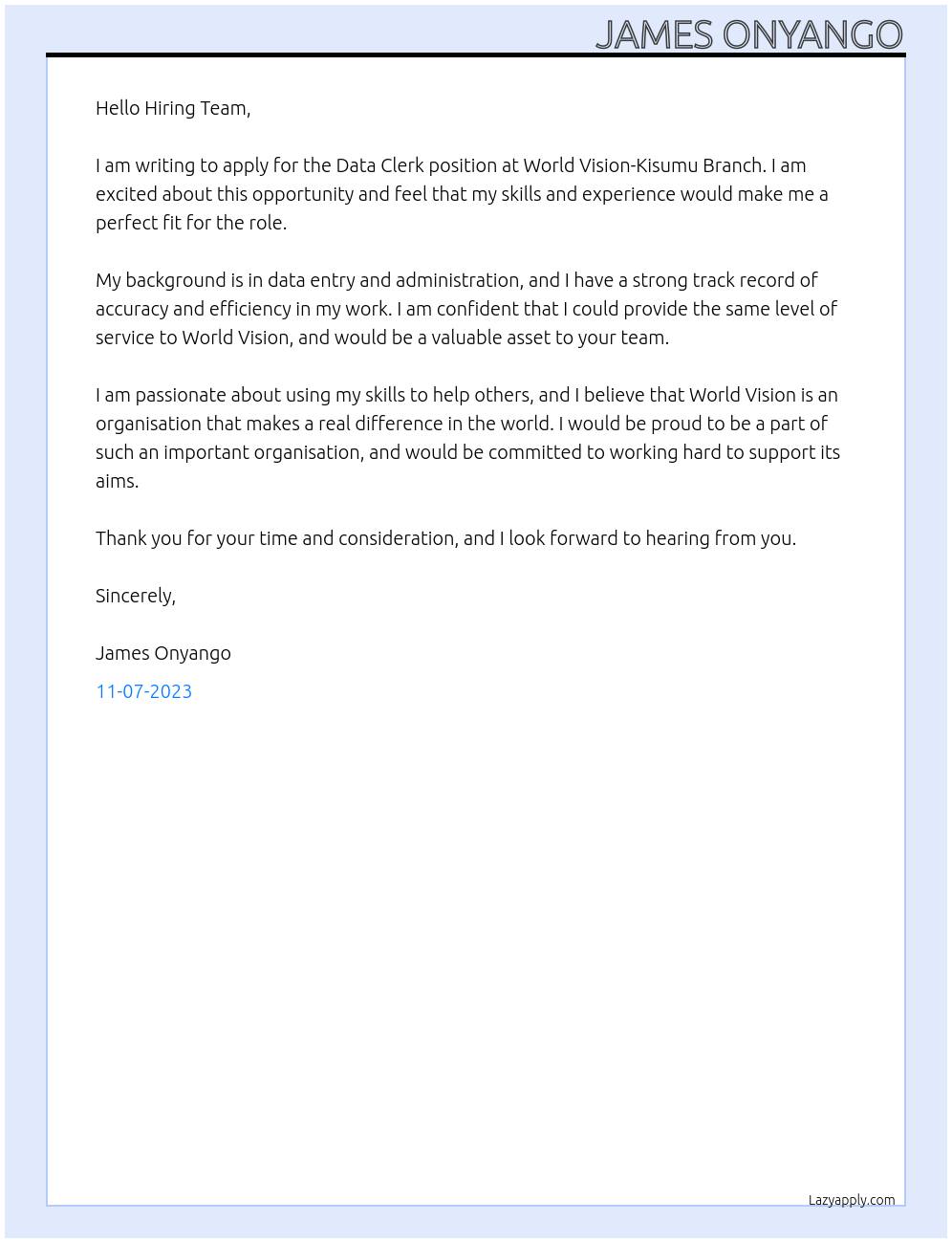 Data clerk At World vision- kisumu Branch Cover Letter