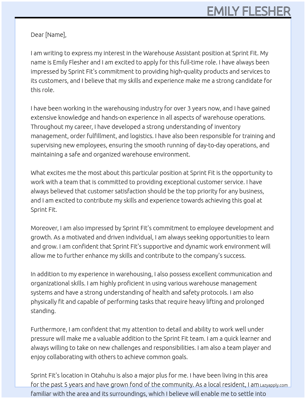 warehouse assistant At Sprint Fit Cover Letter