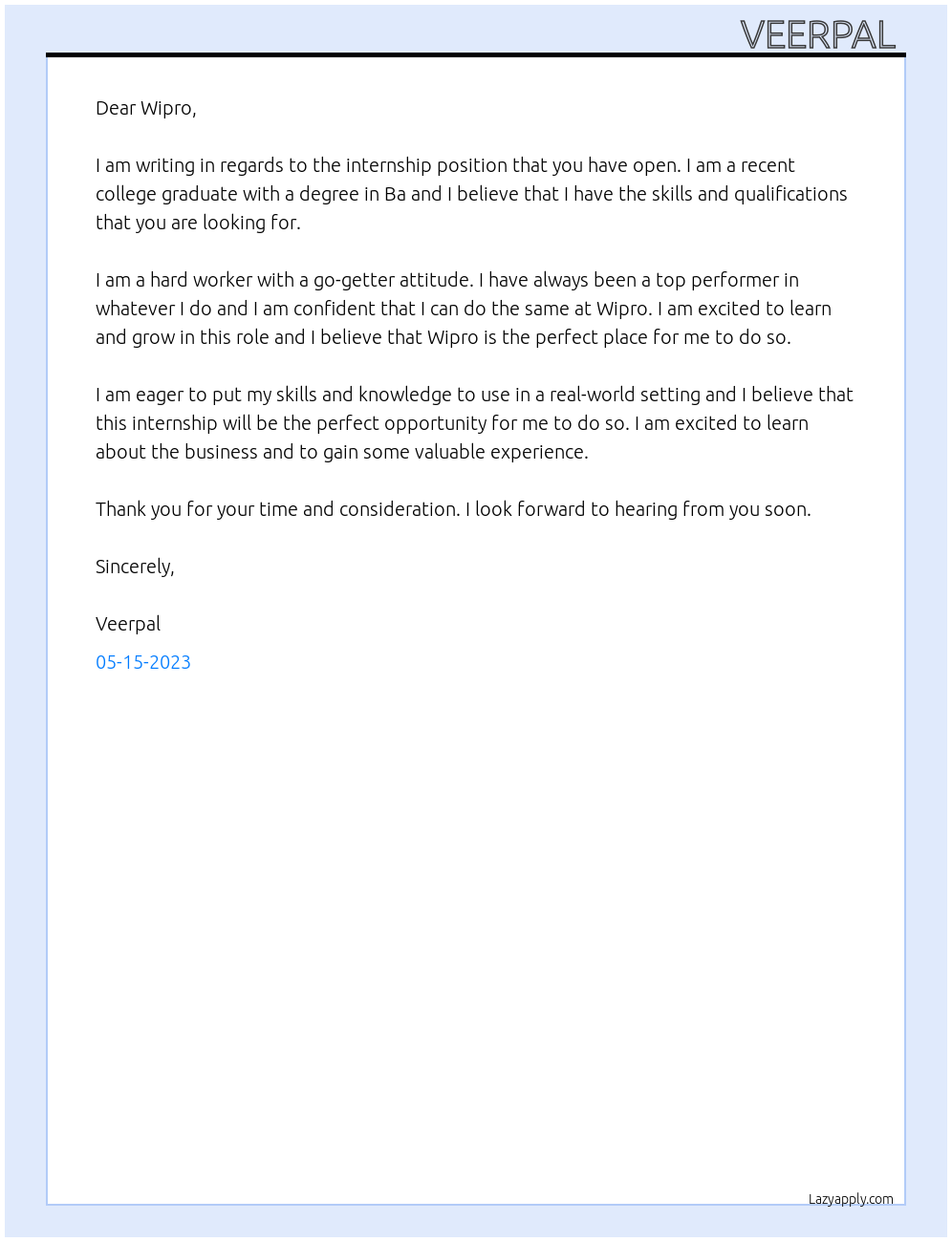 Freshers At Wipro Cover Letter
