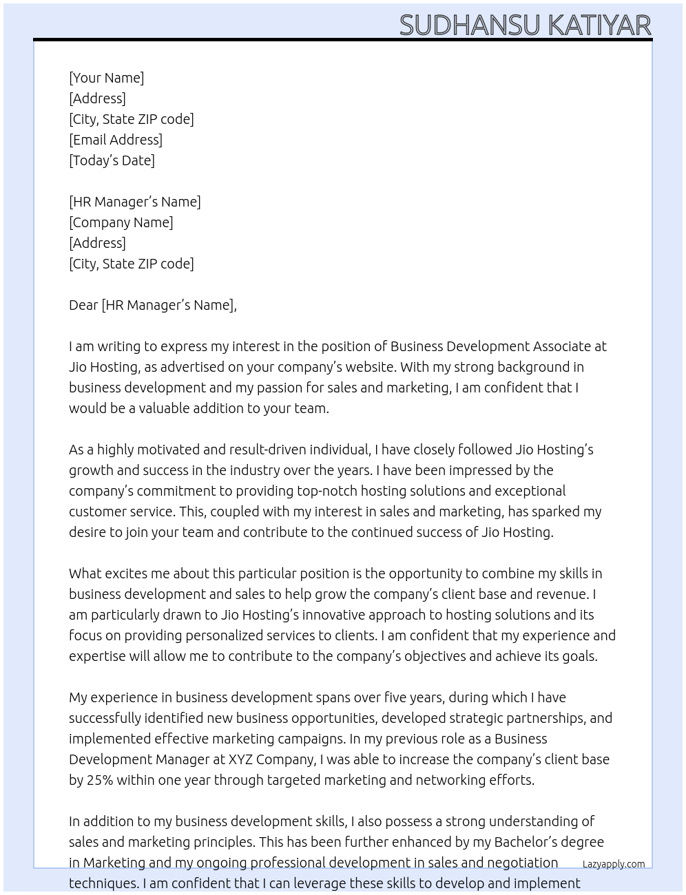 Business development associate At Jio hosting Cover Letter