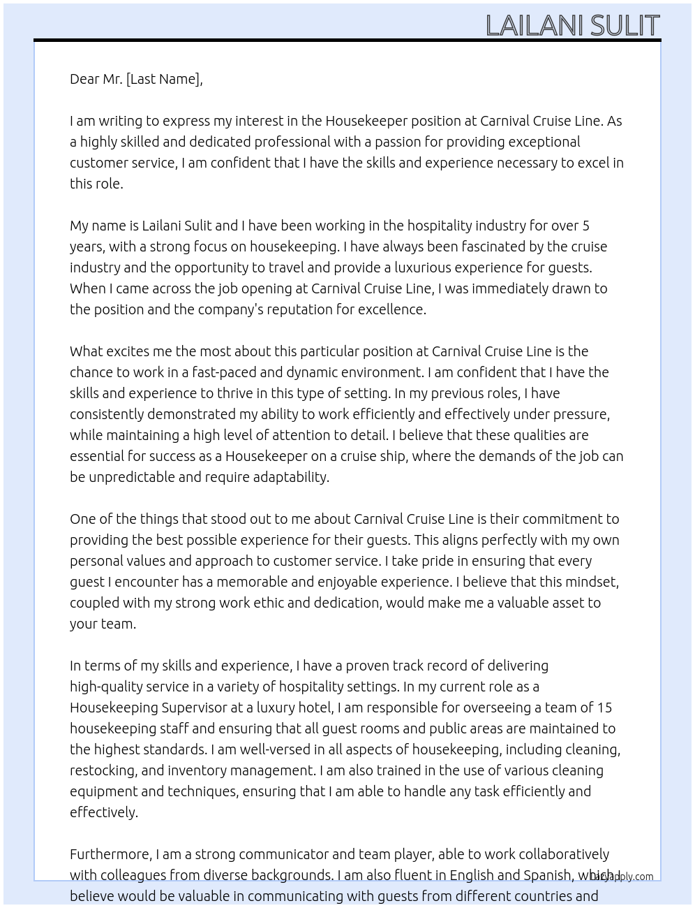 Housekeeper At Carnival Cruise Line Cover Letter