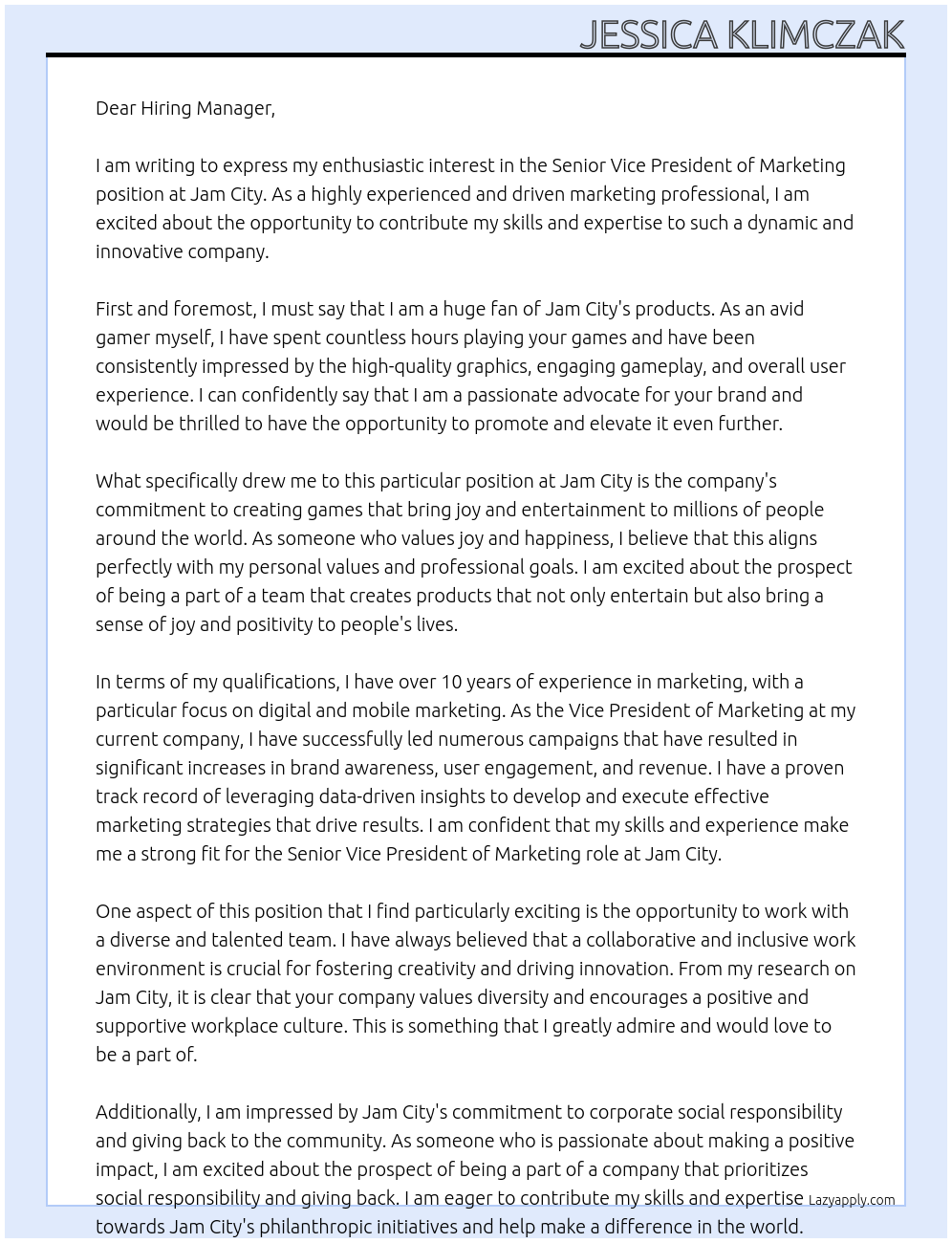 Senior Vice President, Marketing At Jam City Cover Letter