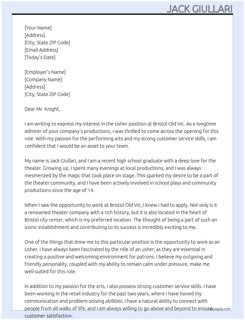 usher At bristol old vic Cover Letter