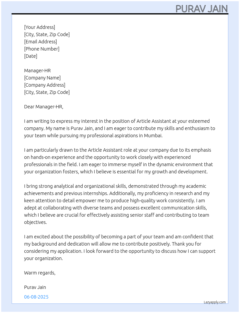 article assistant At any company Cover Letter