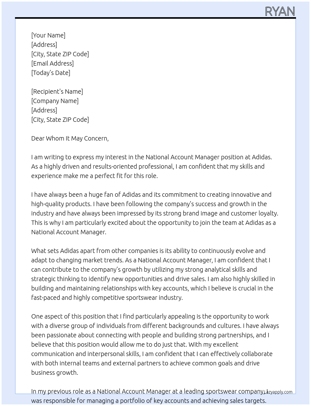 National Account Manager  At Adidas Cover Letter