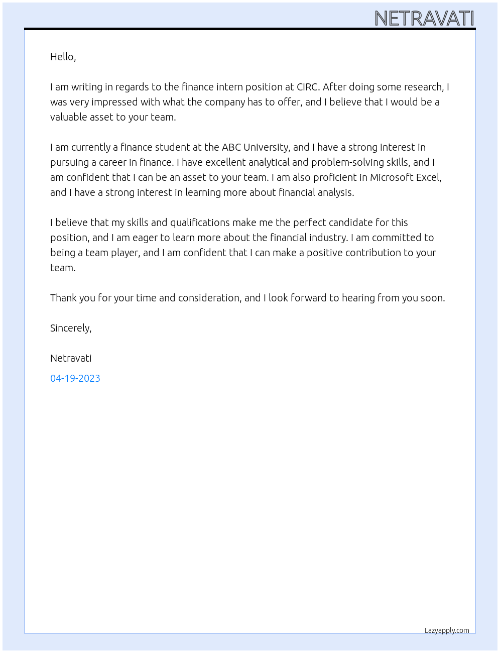 finance intern At CIRC Cover Letter