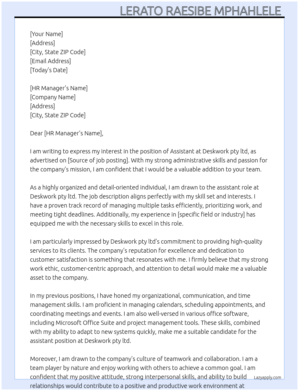 Assistant  At Deskwork pty ltd  Cover Letter