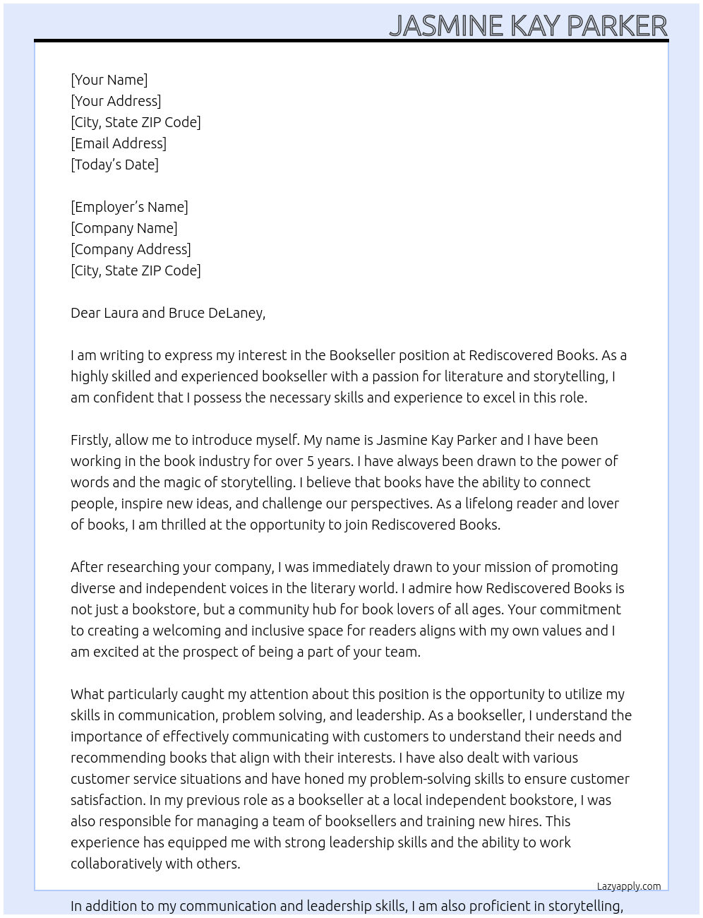 Bookseller At Rediscovered Books Cover Letter