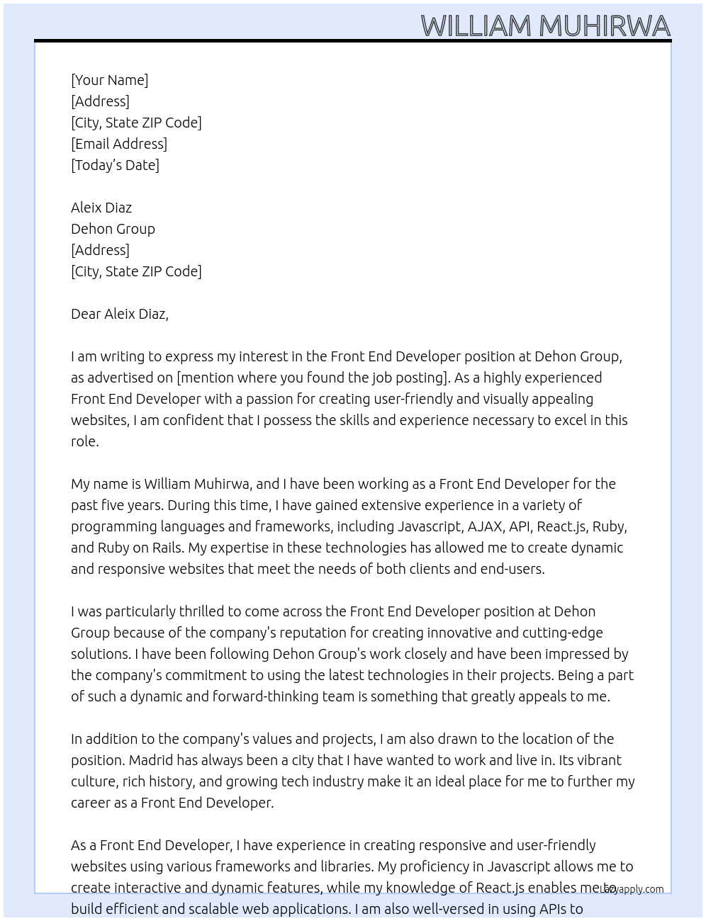 front end developer At Dehon group Cover Letter
