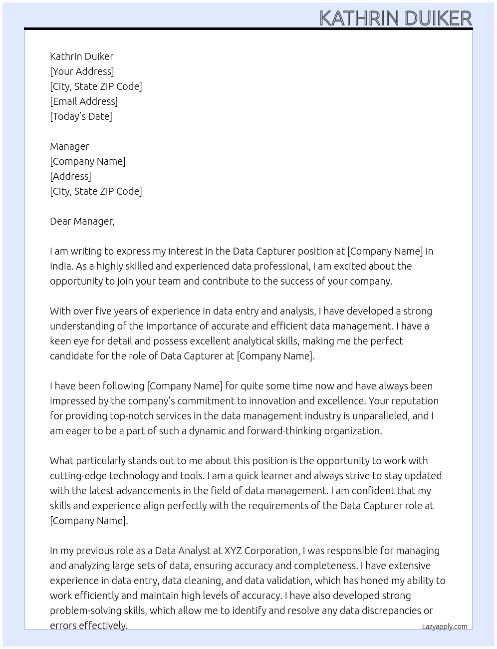 Data Capturer At India Cover Letter