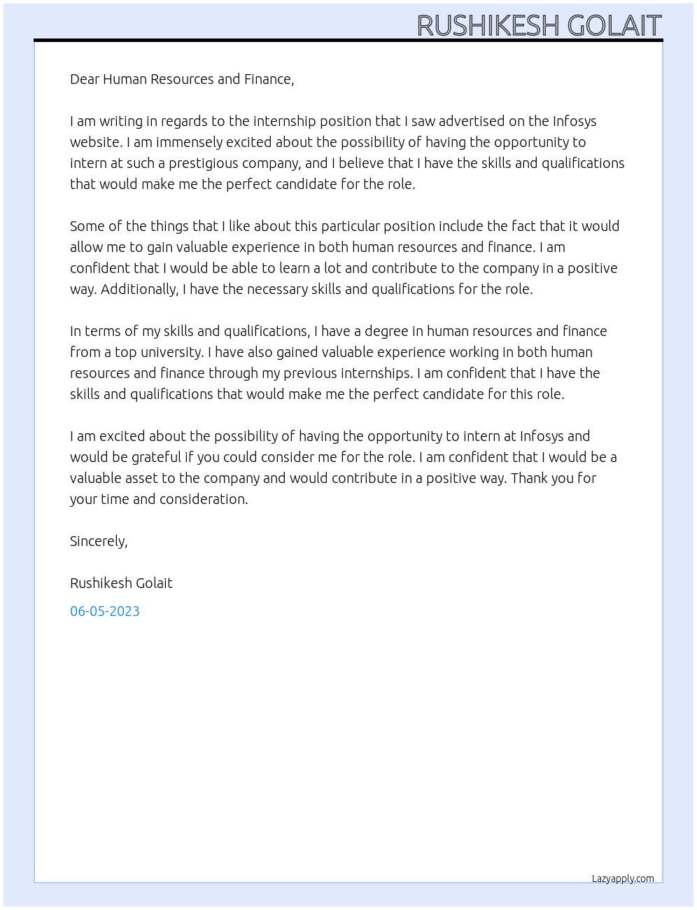 Intership At Infosys Cover Letter