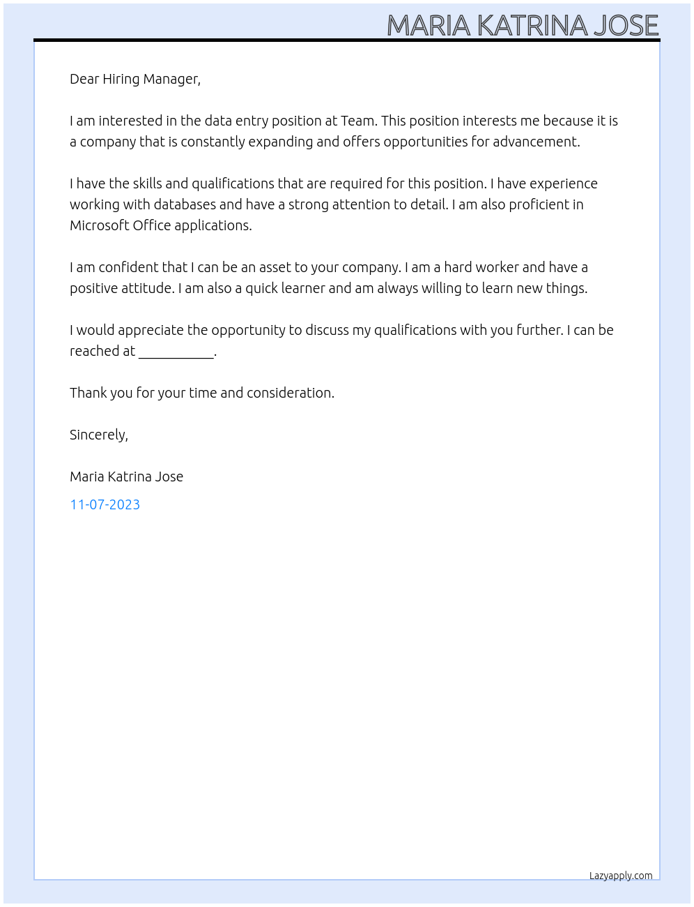 Data Entry At Team Cover Letter