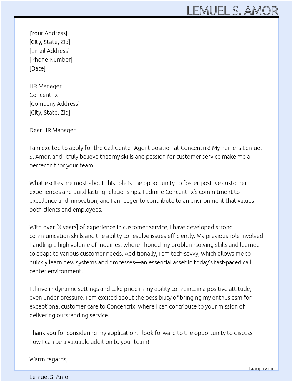 Call Center Agent At Concentrix Cover Letter