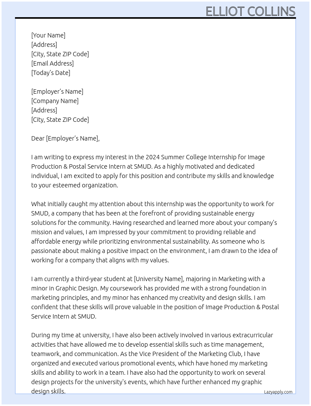 2024 Summer College Internship - Image Production & Postal Service Intern At SMUD Cover Letter