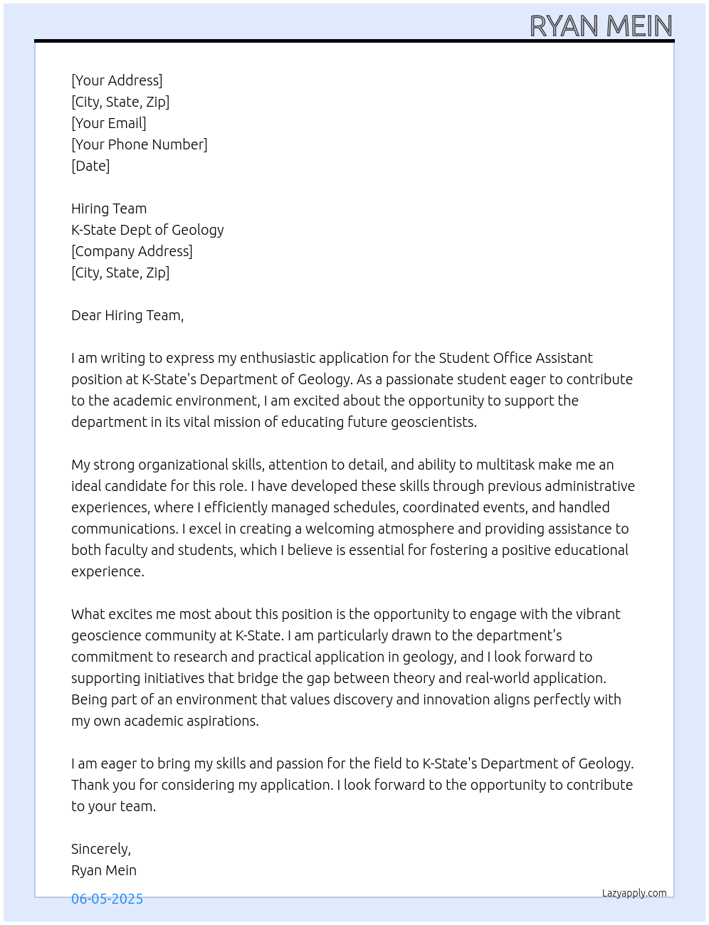 Cover letter for student – office assistant - LazyApply