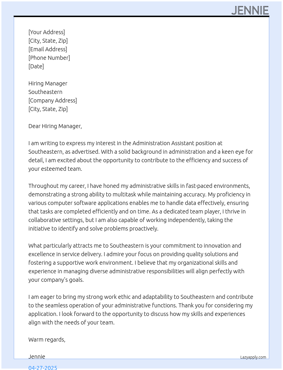 Administration Assistant At Southeastern Cover Letter