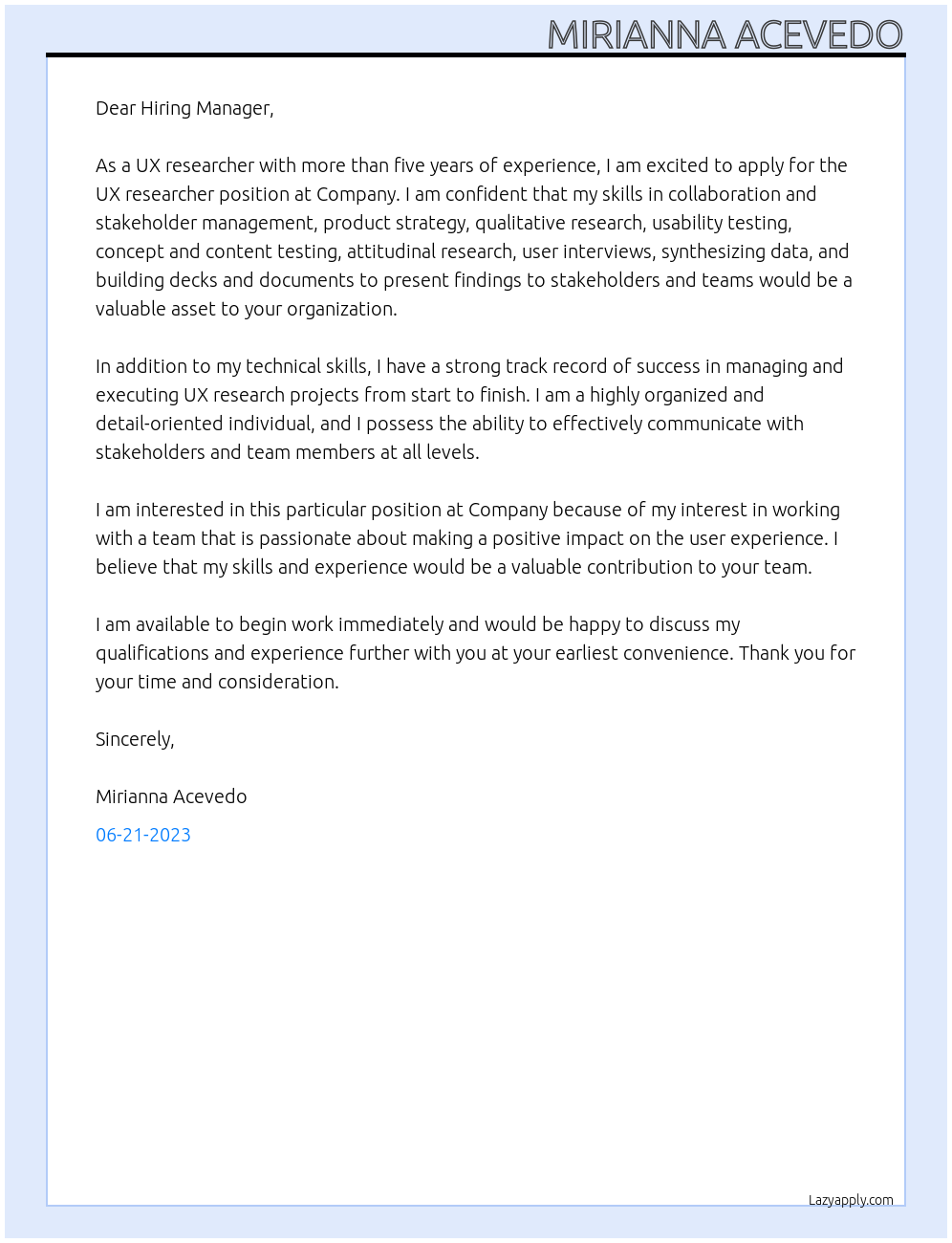 UX Researcher At Company Cover Letter
