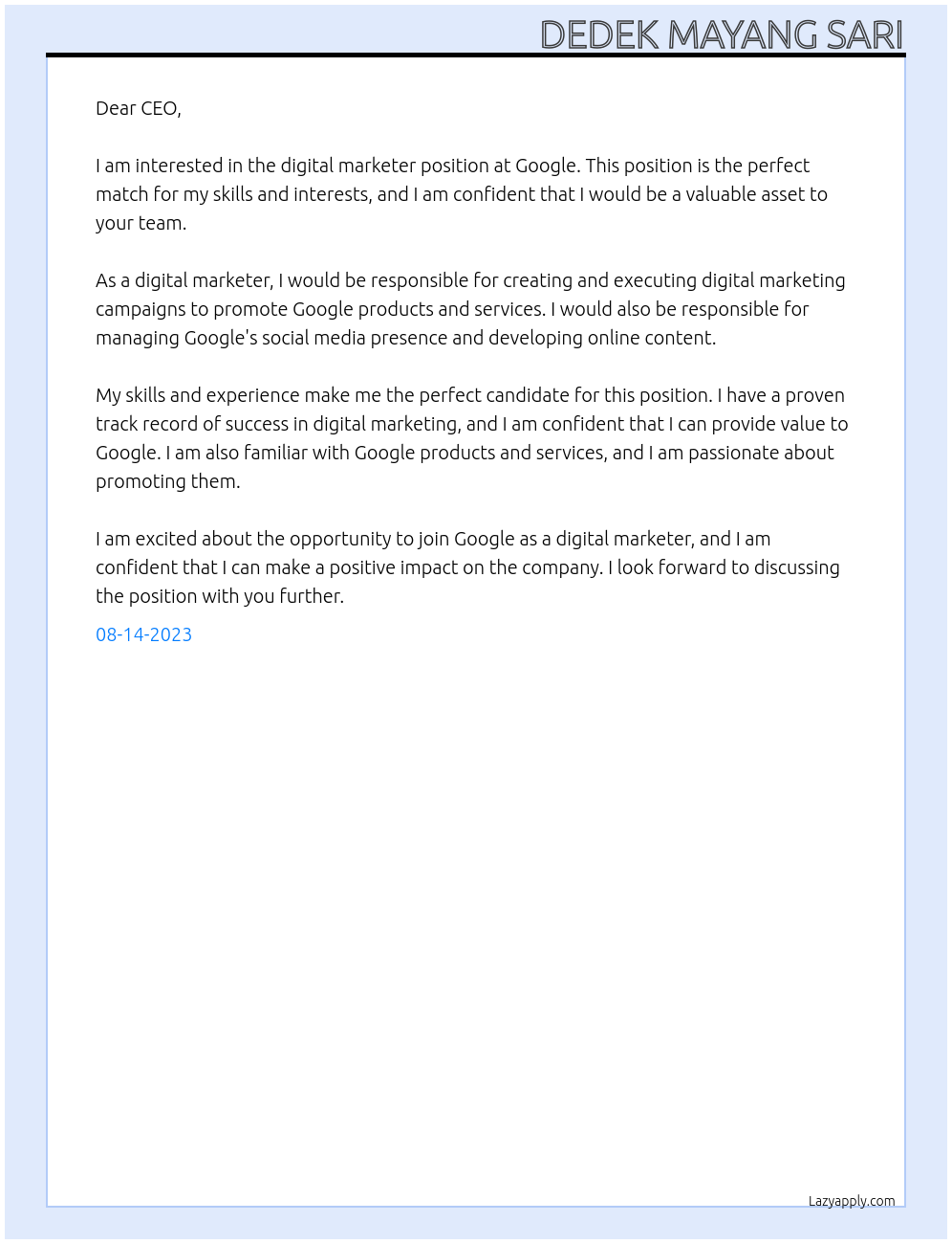 digital marketer At google Cover Letter